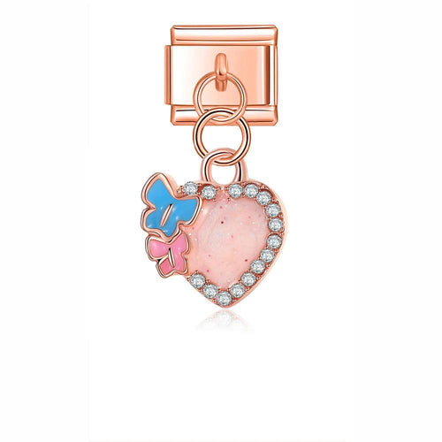 Corazón con piedras y mariposas, en dorado rosa