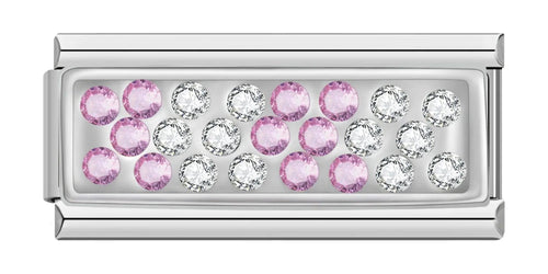 Placa plateada con piedras rosadas y blancas, doble, en plateado